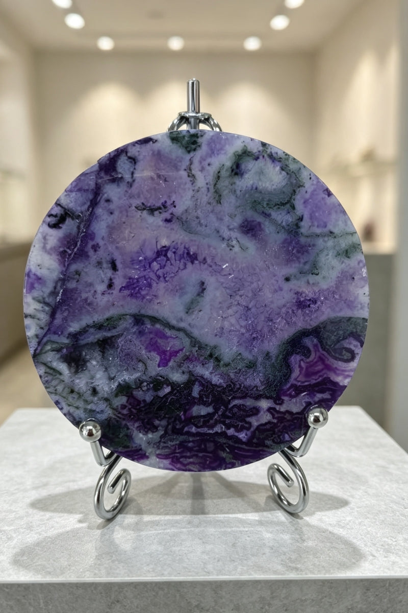 Color Enhauced Purple Blue Moss Agate Slabs with Free Holders Round Crystal Coasters