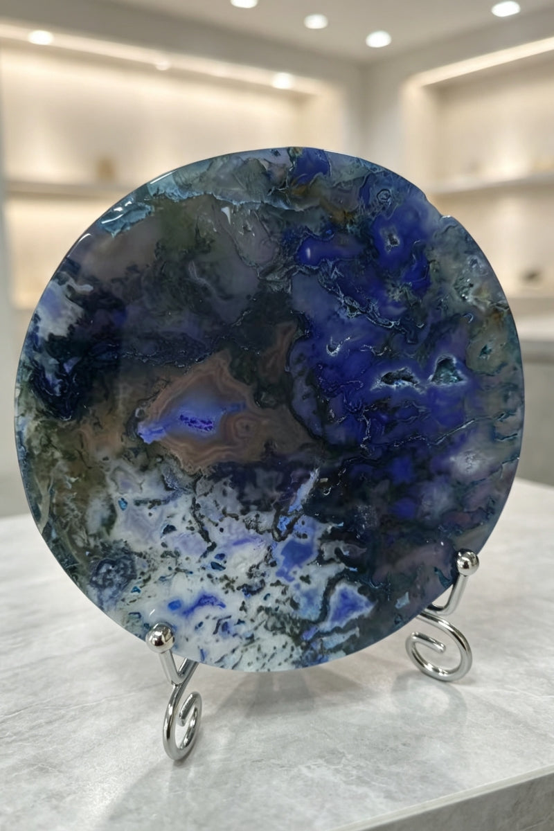 Color Enhauced Purple Blue Moss Agate Slabs with Free Holders Round Crystal Coasters