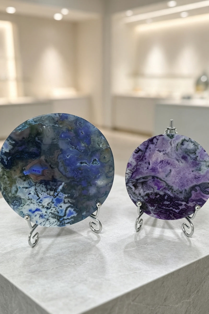 Color Enhauced Purple Blue Moss Agate Slabs with Free Holders Round Crystal Coasters