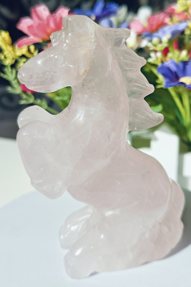 Crystal Carved Rearing Horse Rose Quartz Figurine