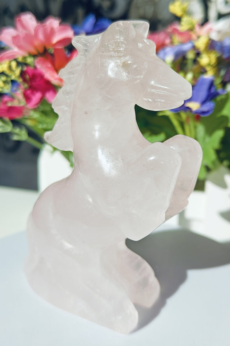 Crystal Carved Rearing Horse Rose Quartz Figurine