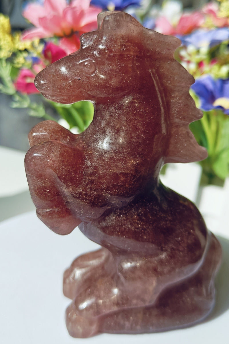 Crystal Carved Rearing Horse Rose Quartz Figurine