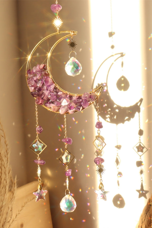 Crystal Chips Moon Shaped Sun Catcher Amethyst Rose Quartz Light Catcher