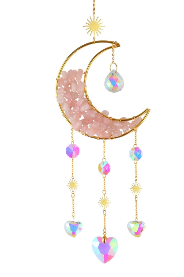 Crystal Chips Moon Shaped Sun Catcher Amethyst Rose Quartz Light Catcher