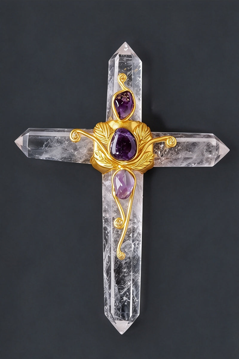 Crystal Raw Hexagonal Prism Cross Magic Wands 5.12"