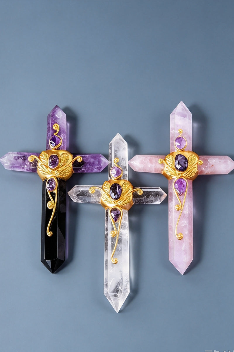 Crystal Raw Hexagonal Prism Cross Magic Wands 5.12"
