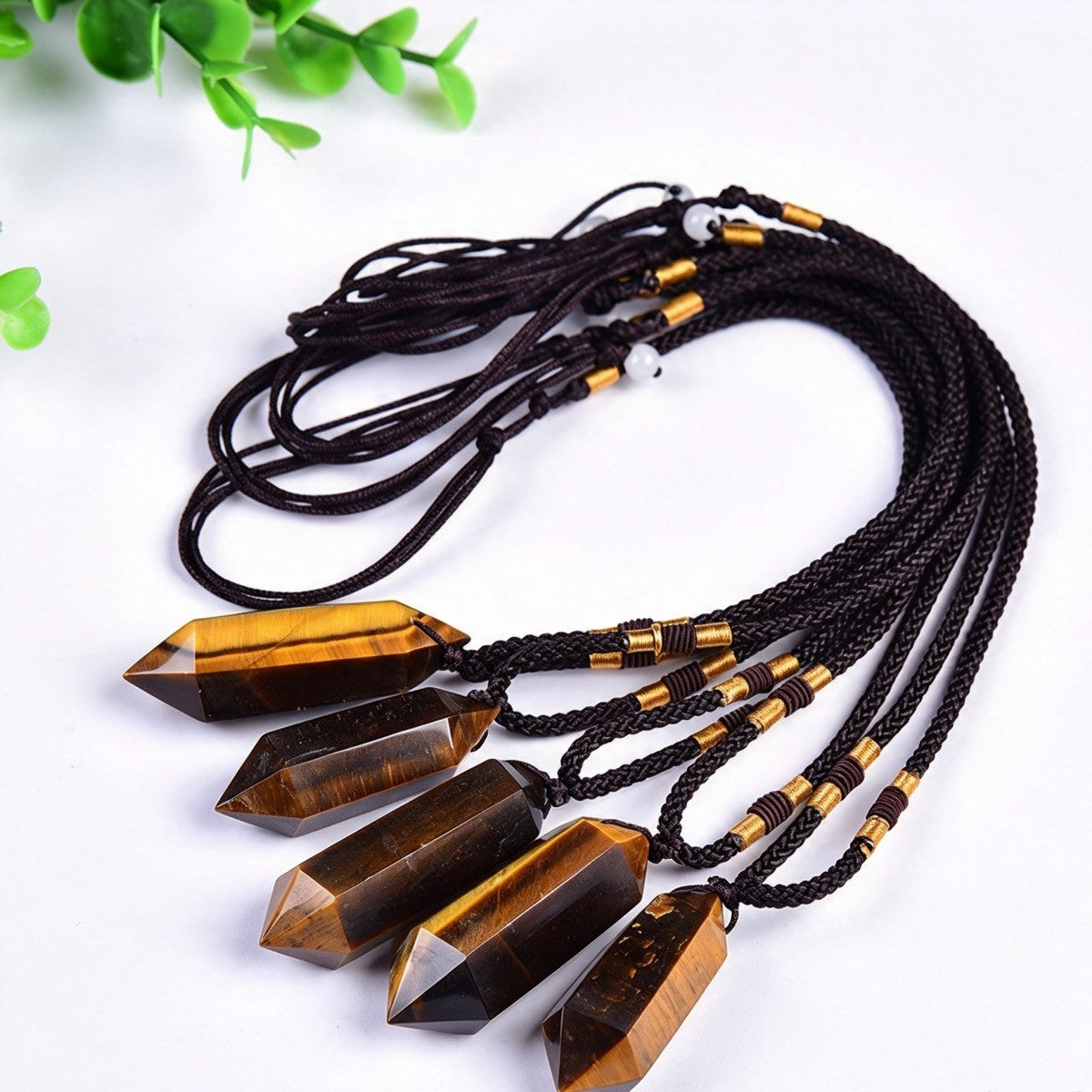 Double-pointed Tiger's Eye Crystal Pillar Pendant Necklace