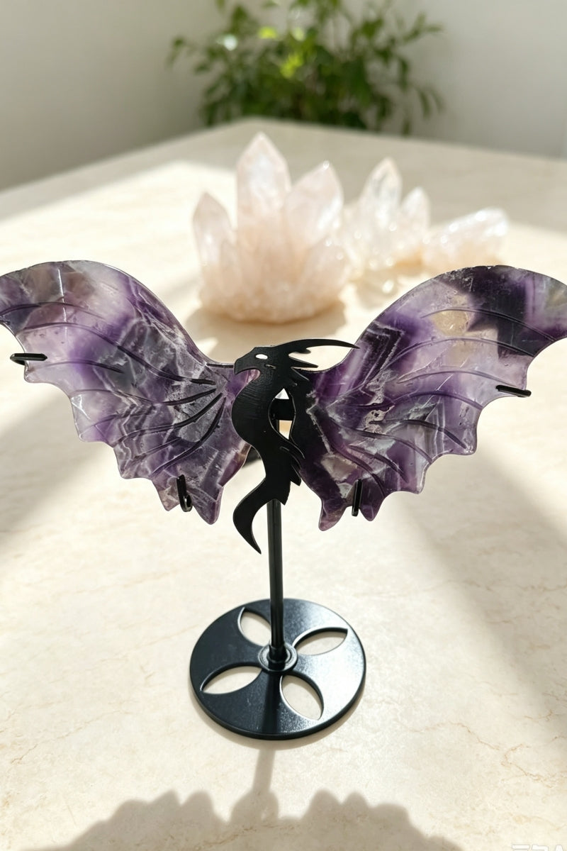 Dream Amethyst Fire Quartz Dragon Wings with Free Holders 7.87"