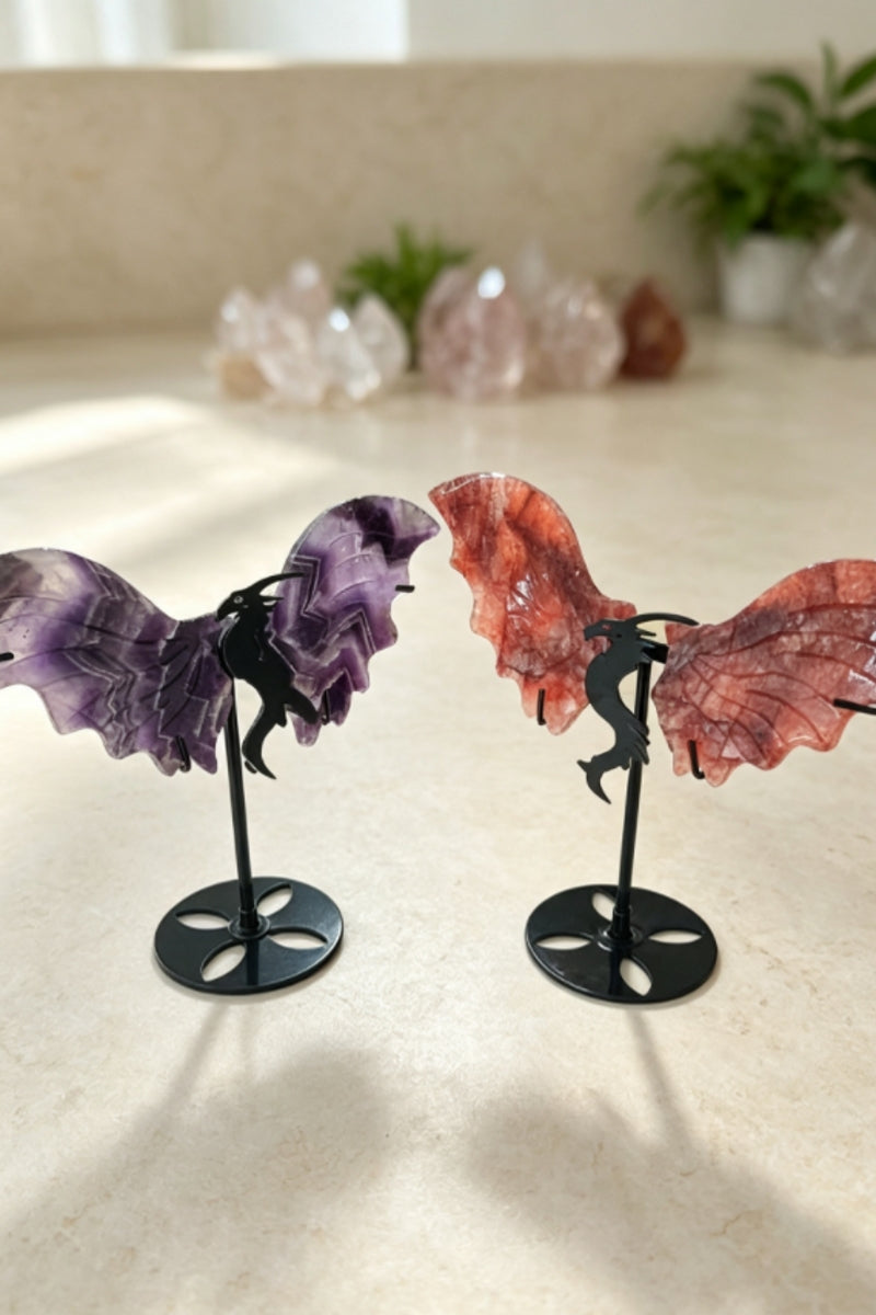 Dream Amethyst Fire Quartz Dragon Wings with Free Holders 7.87"