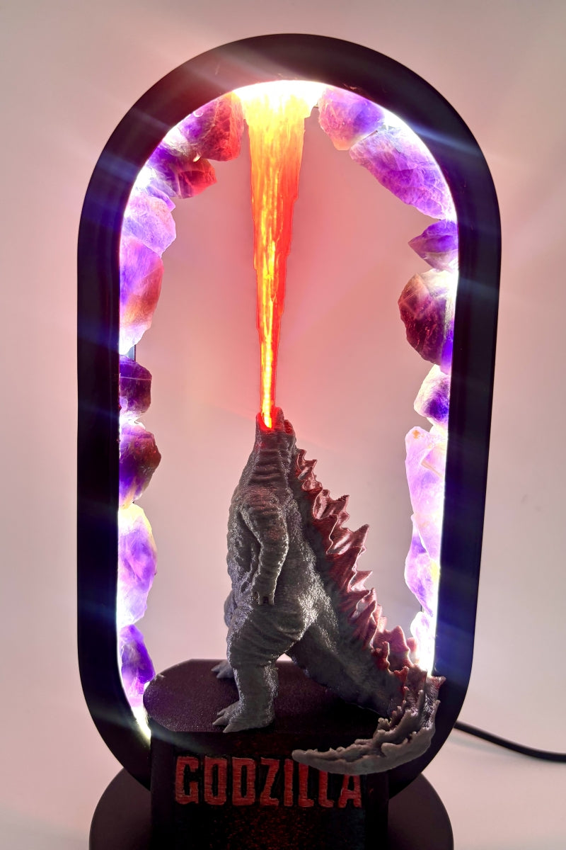 Dream Amethyst Godzilla Lamp with Flames USB Raw Pieces