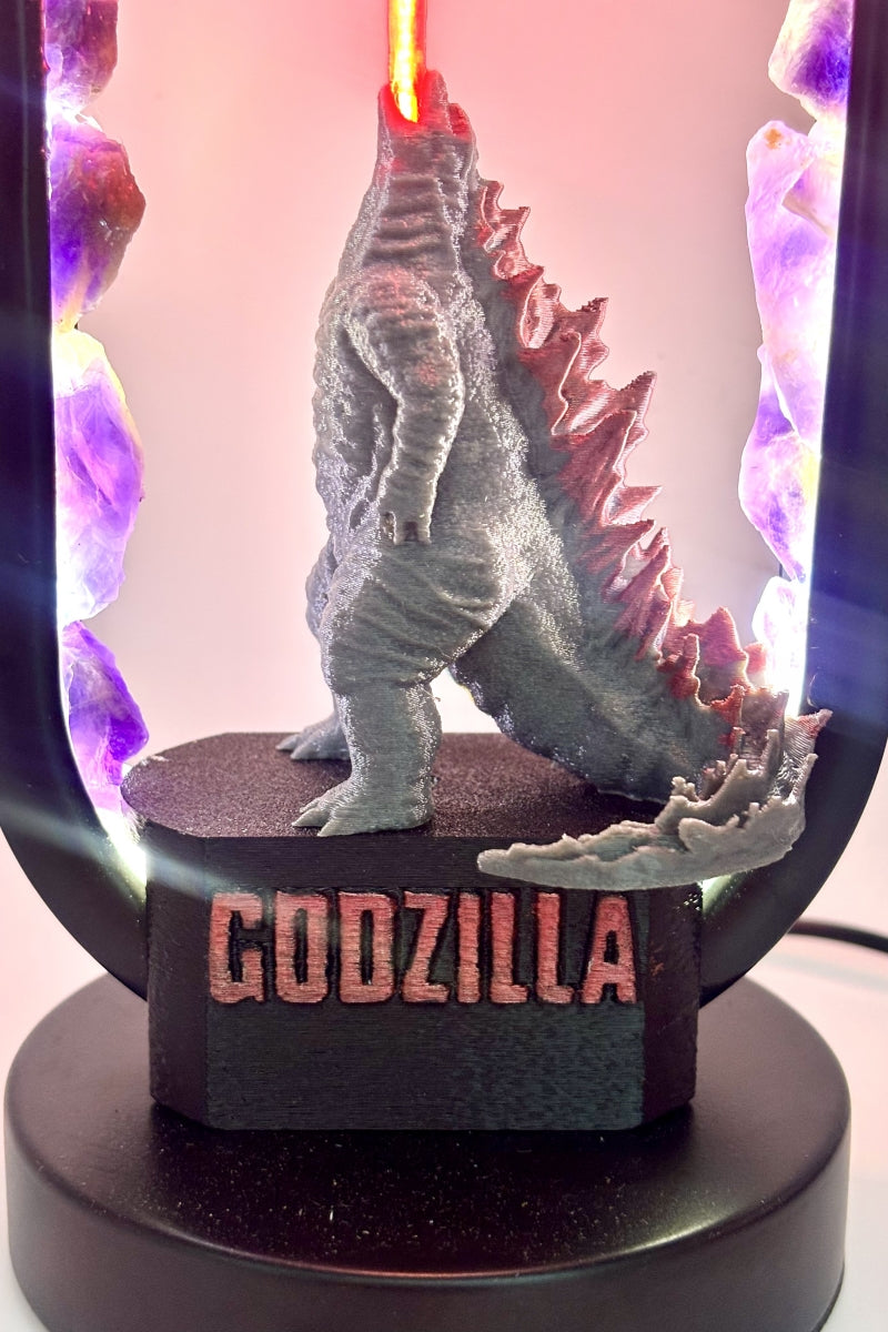 Dream Amethyst Godzilla Lamp with Flames USB Raw Pieces