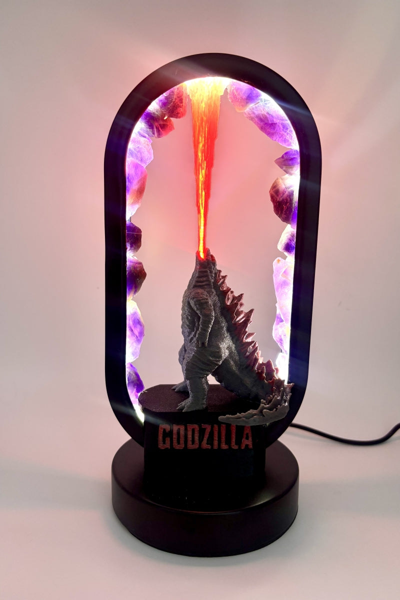 Dream Amethyst Godzilla Lamp with Flames USB Raw Pieces
