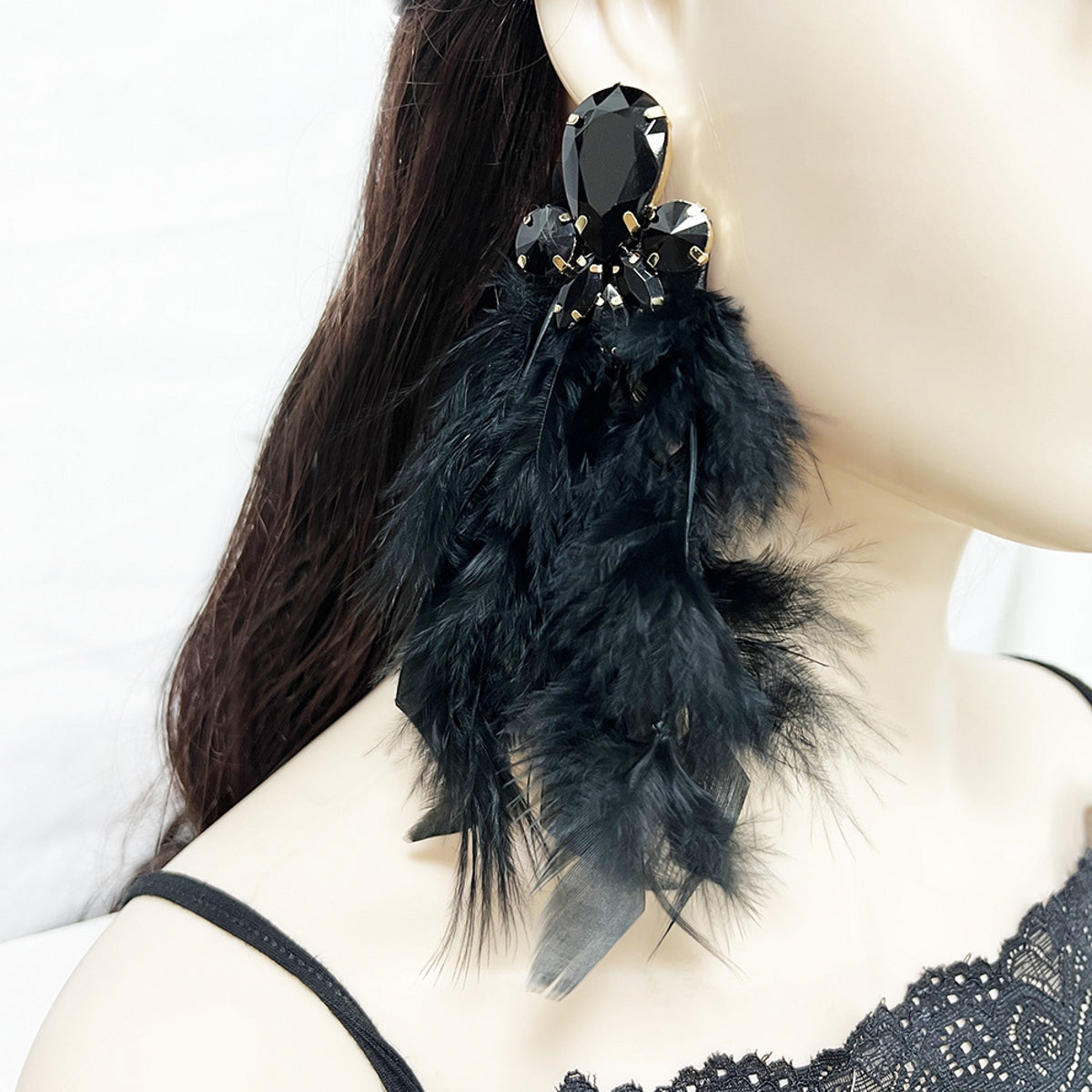 Elegant Stylish Feather-and-Metal Earrings with Gemstones A Pair