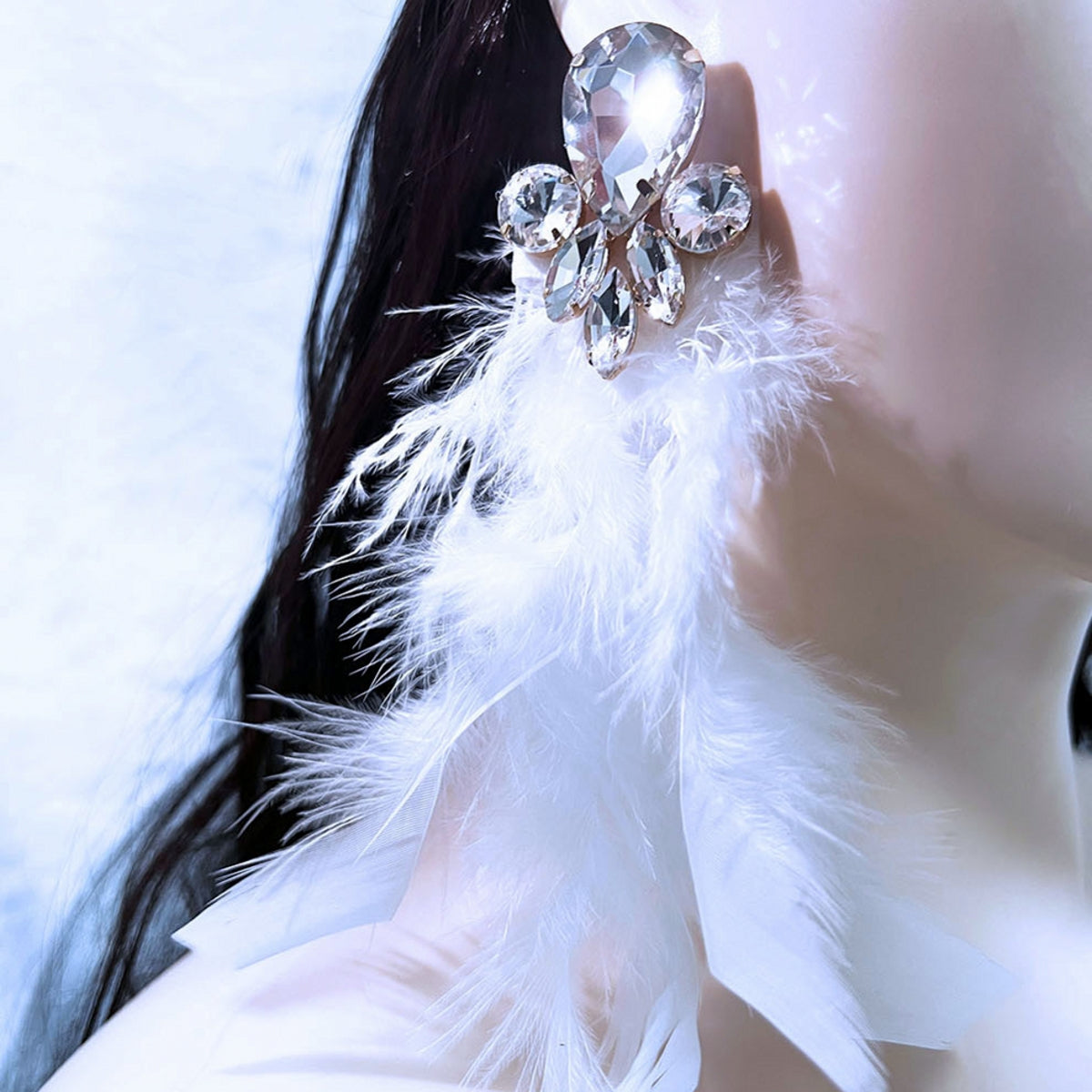 Elegant Stylish Feather-and-Metal Earrings with Gemstones A Pair