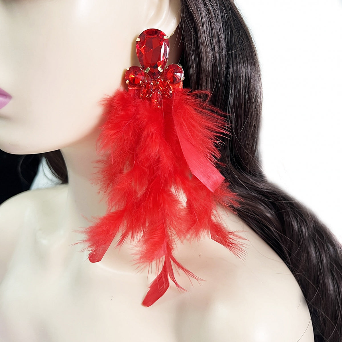 Elegant Stylish Feather-and-Metal Earrings with Gemstones A Pair