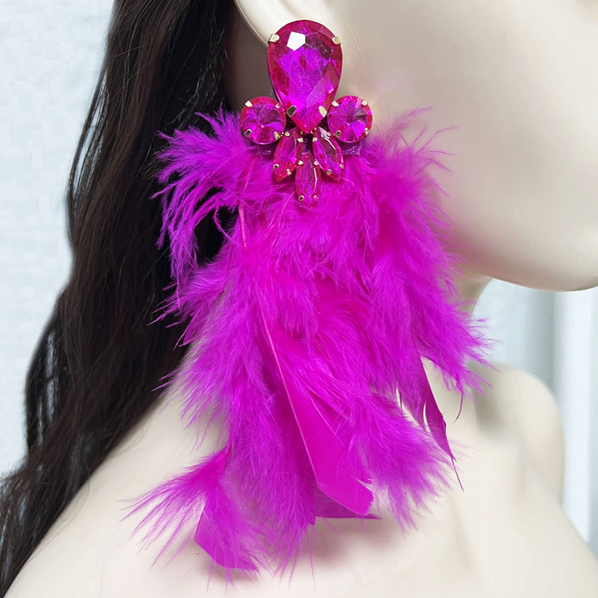 Elegant Stylish Feather-and-Metal Earrings with Gemstones A Pair