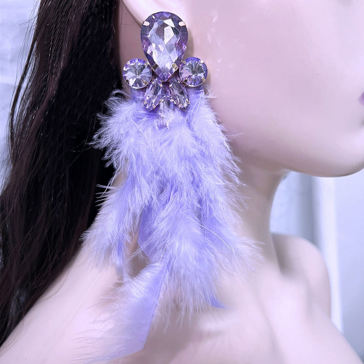 Elegant Stylish Feather-and-Metal Earrings with Gemstones A Pair