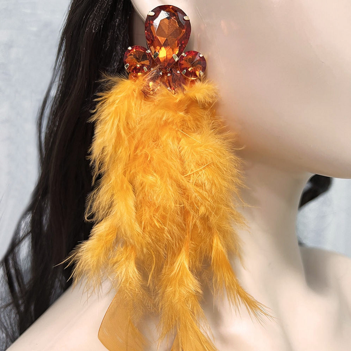 Elegant Stylish Feather-and-Metal Earrings with Gemstones A Pair