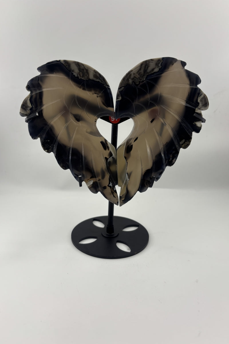 Flashy UV Volcano Agate Heart Wings with Free Holder