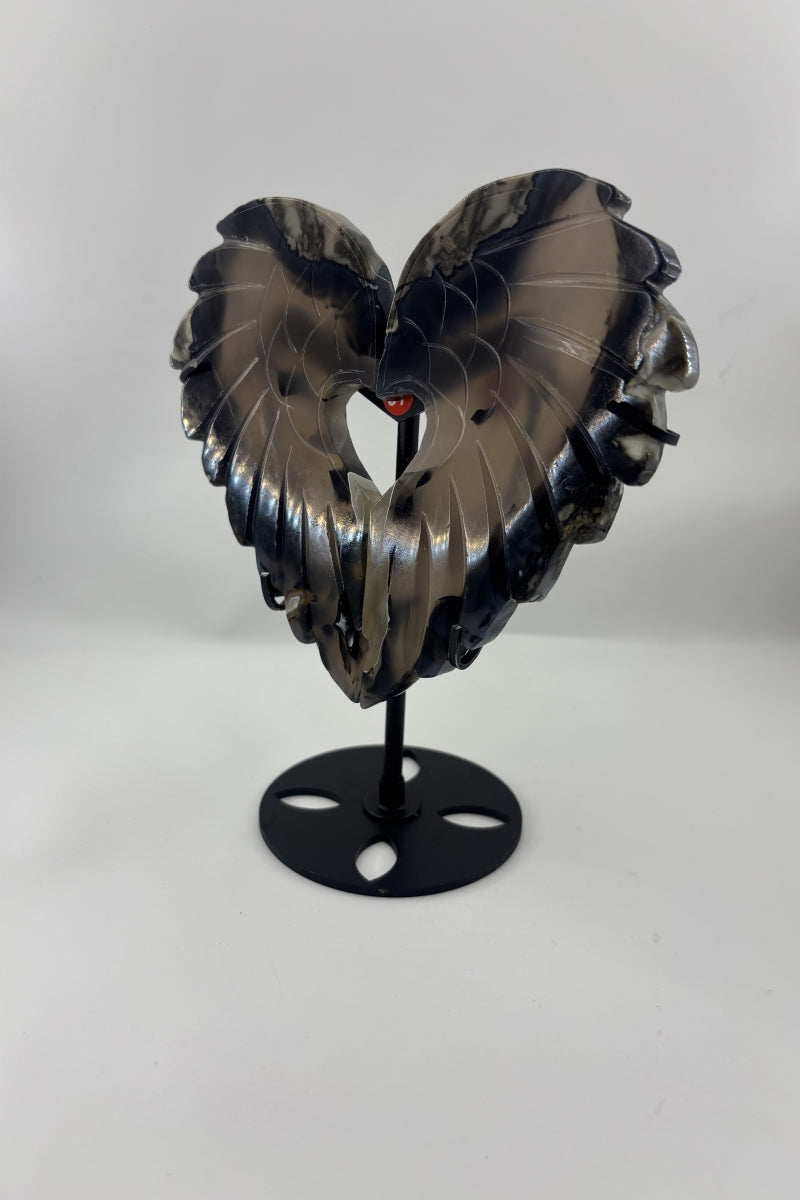 Flashy UV Volcano Agate Heart Wings with Free Holder