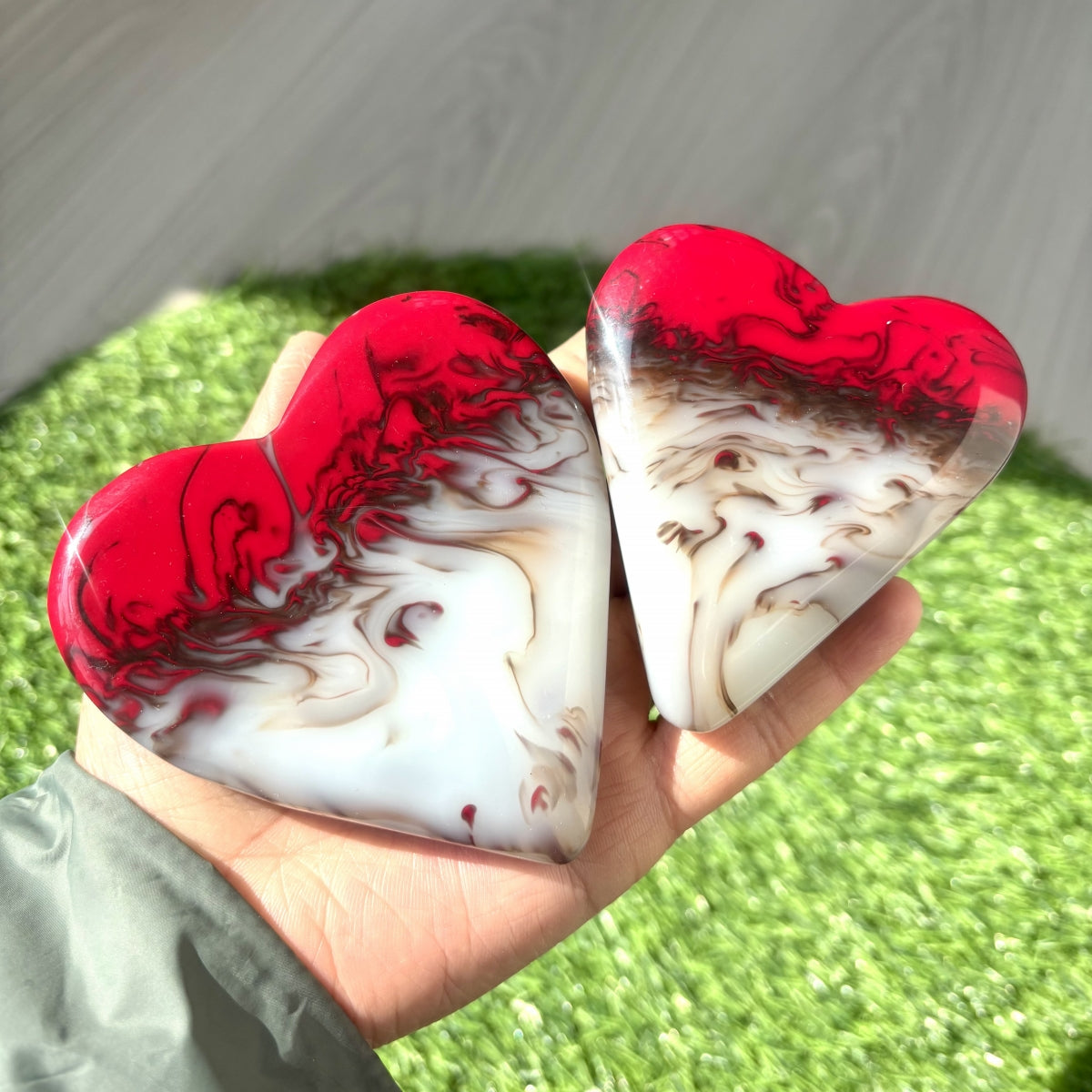 Gorgeous Chicken Blood Stone Hearts with Free Holders 3.35"