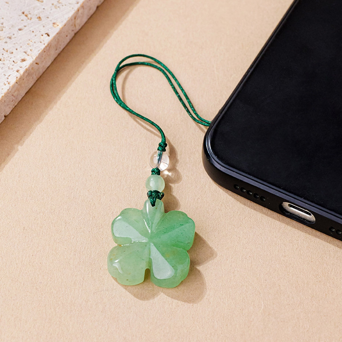 Green Aventurine Four-Leaf Clover Phone Charm and Car Keychain
