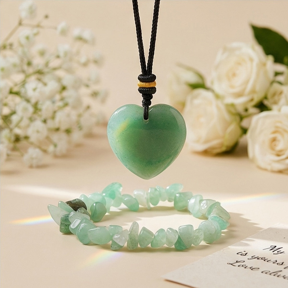 Green Aveturine Heart Pendant Necklace and Crushed Stone Bracelet Set