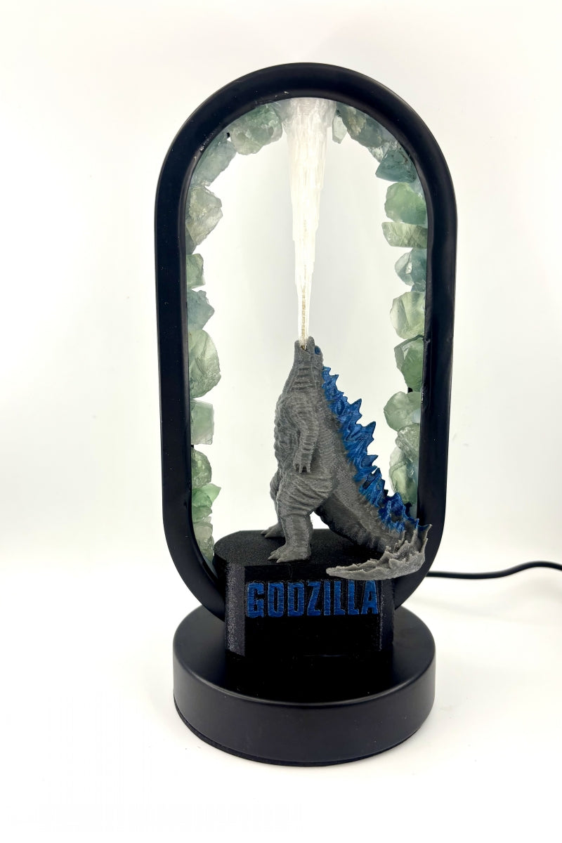 Green Fluorite Godzilla Lamp with Flames USB Raw Pieces