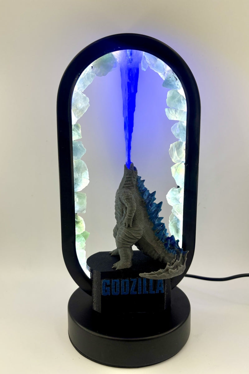 Green Fluorite Godzilla Lamp with Flames USB Raw Pieces