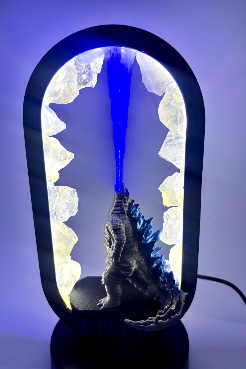 Green Fluorite Godzilla Lamp with Flames USB Raw Pieces