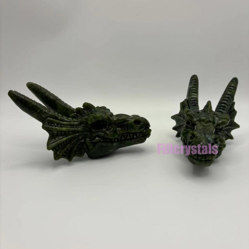 Green Jade Dragon Head Carving Natural Crystal Figurine for Desk Decoration