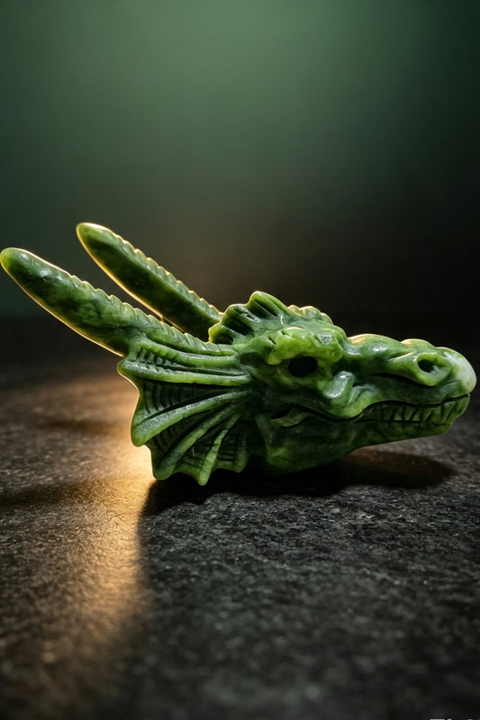 Green Jade Dragon Head Carving Natural Crystal Figurine for Desk Decoration