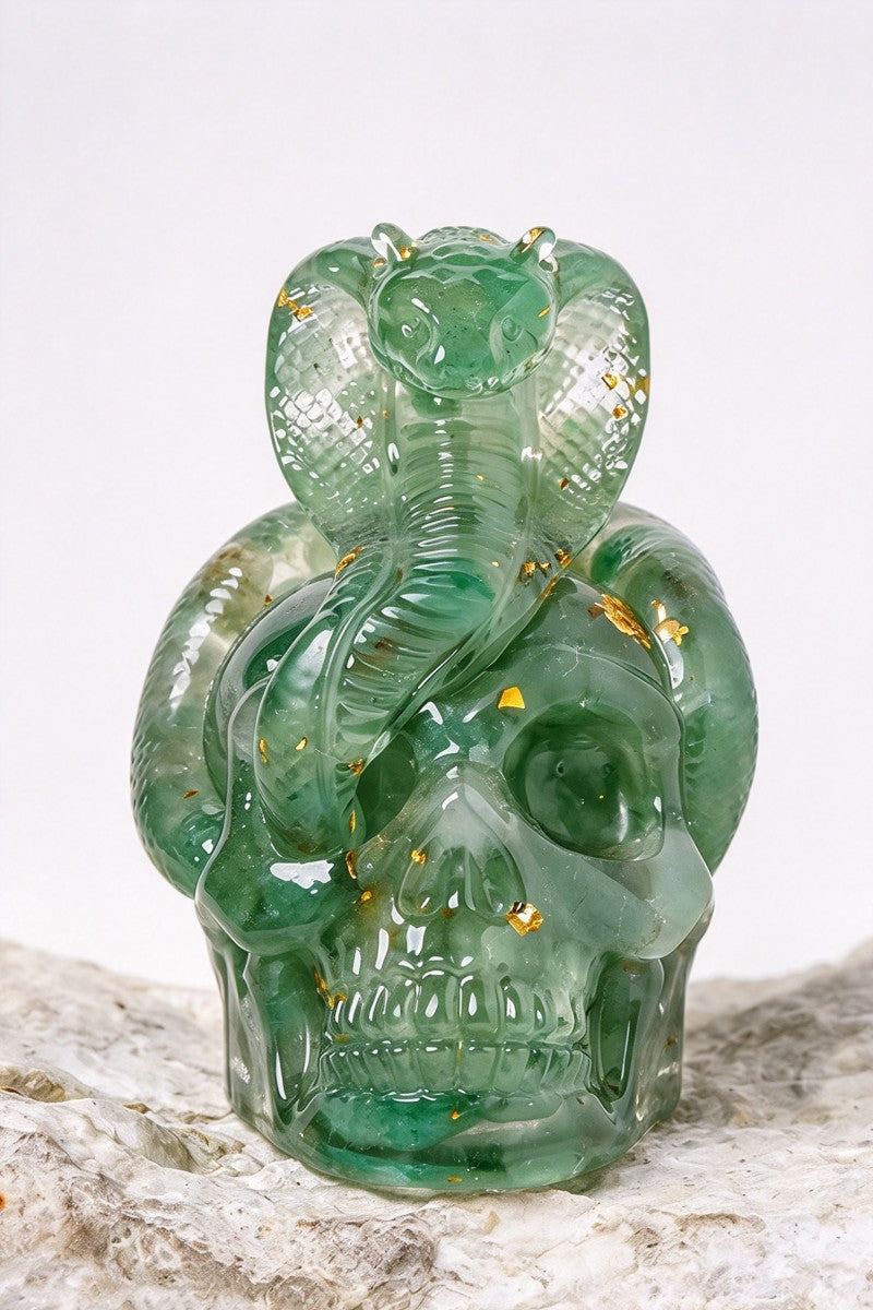 Halloween Crystal Pebble Snake Coiled Around a Skull Carvings 2.28"