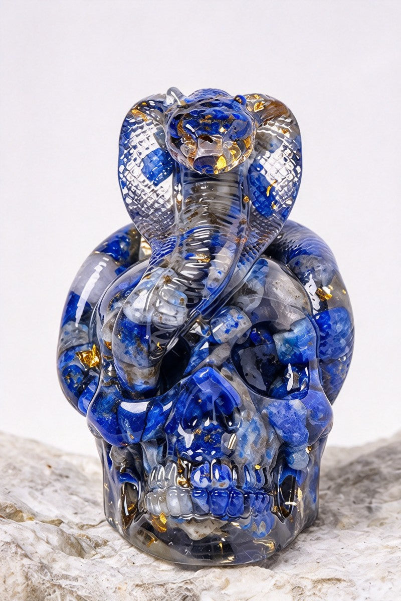 Halloween Crystal Pebble Snake Coiled Around a Skull Carvings 2.28"