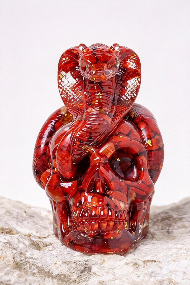 Halloween Crystal Pebble Snake Coiled Around a Skull Carvings 2.28"