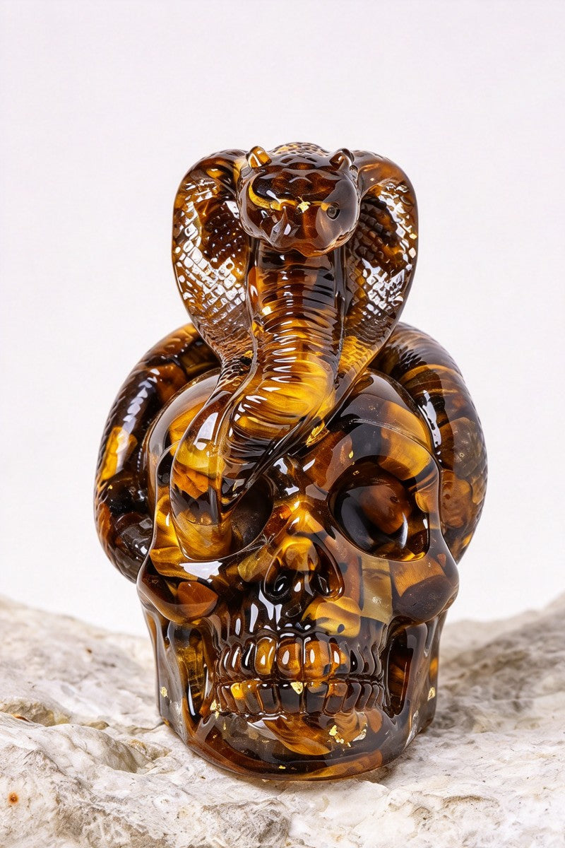 Halloween Crystal Pebble Snake Coiled Around a Skull Carvings 2.28"
