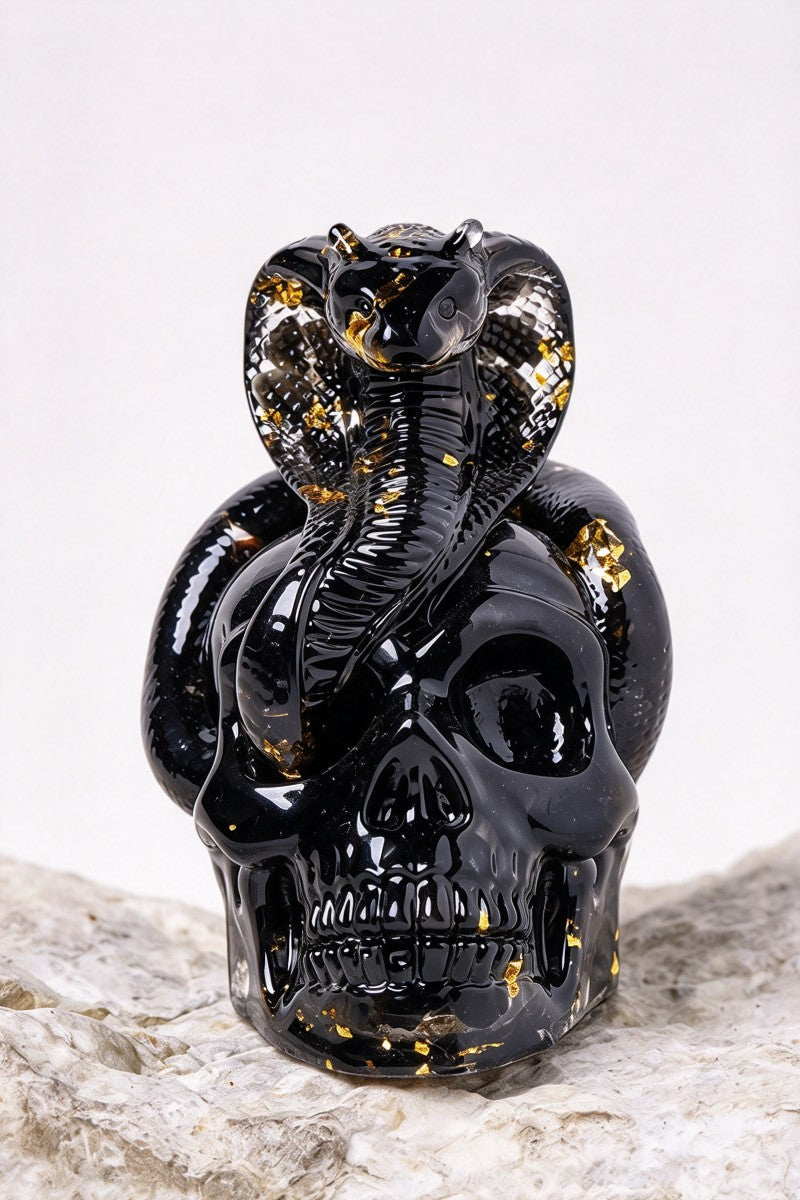 Halloween Crystal Pebble Snake Coiled Around a Skull Carvings 2.28"