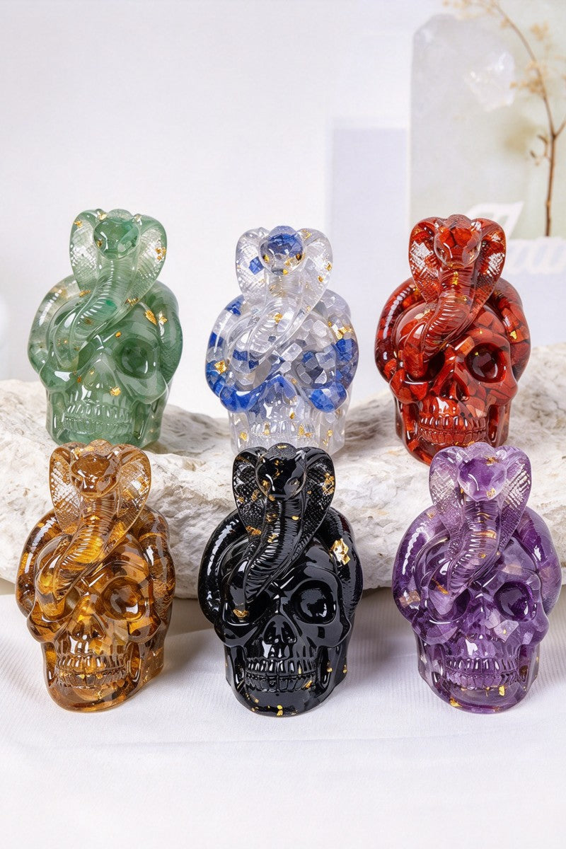 Halloween Crystal Pebble Snake Coiled Around a Skull Carvings 2.28"