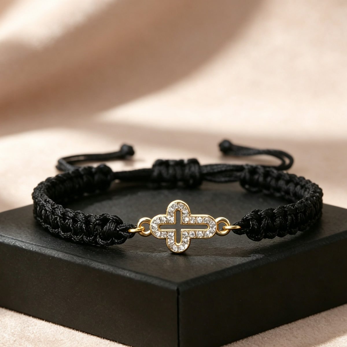 Hand-Woven Adjustable Bracelet with Rhinestone-Encrusted Prayer Cross