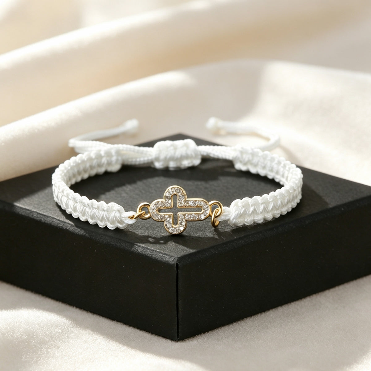 Hand-Woven Adjustable Bracelet with Rhinestone-Encrusted Prayer Cross