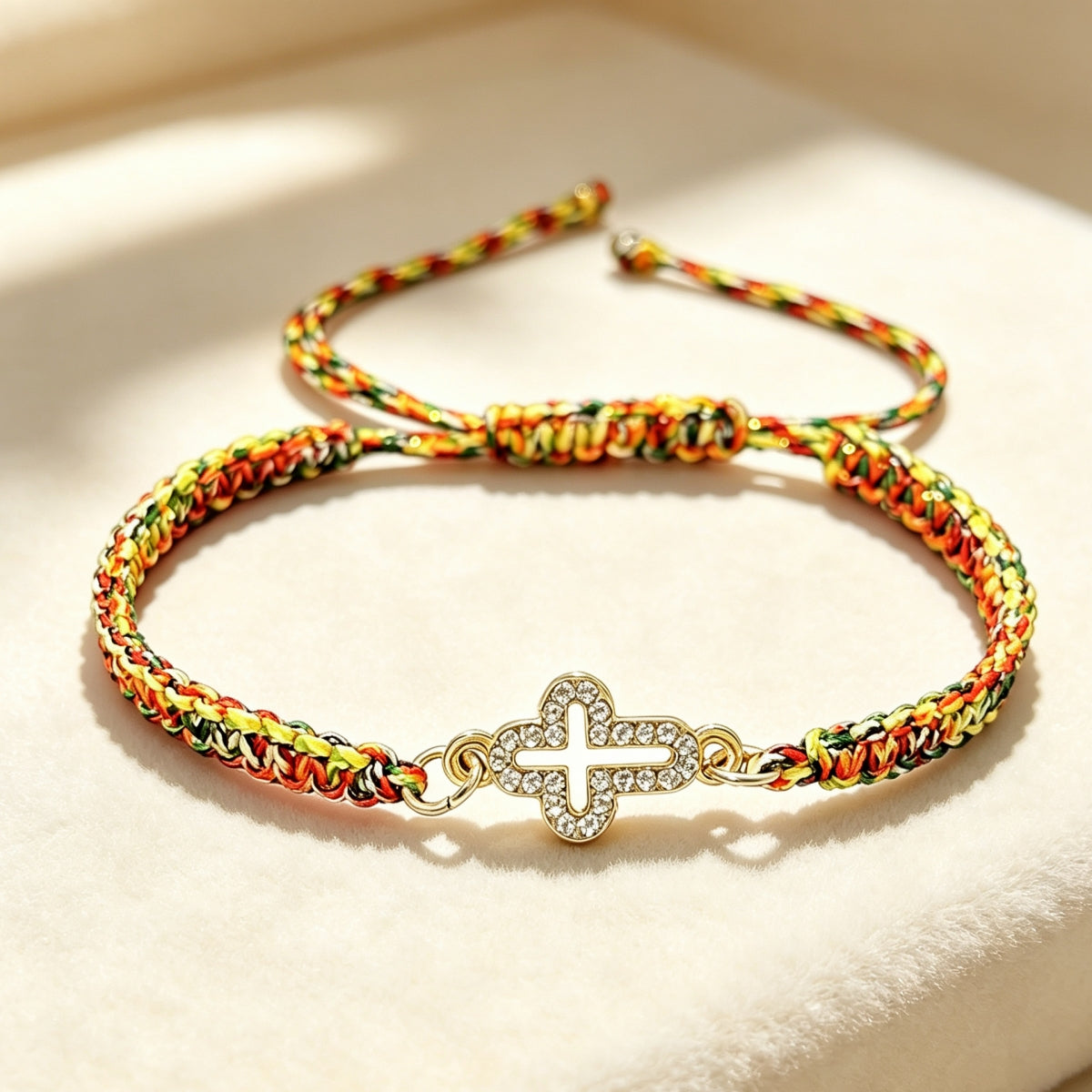Hand-Woven Adjustable Bracelet with Rhinestone-Encrusted Prayer Cross