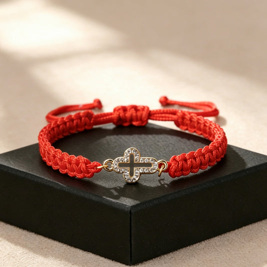 Hand-Woven Adjustable Bracelet with Rhinestone-Encrusted Prayer Cross