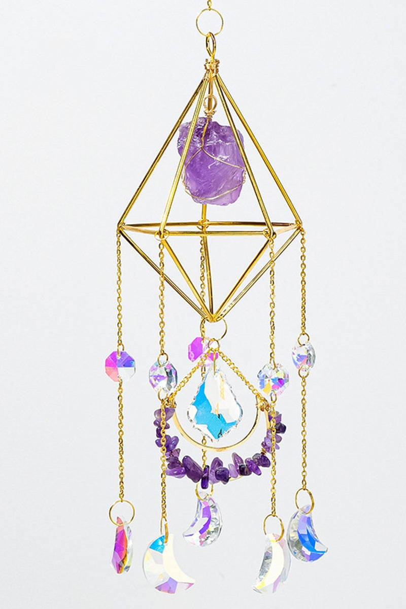 Handcrafted Natural Raw Crystal Sun Catchers with Moons in Diamond Shapes 18"