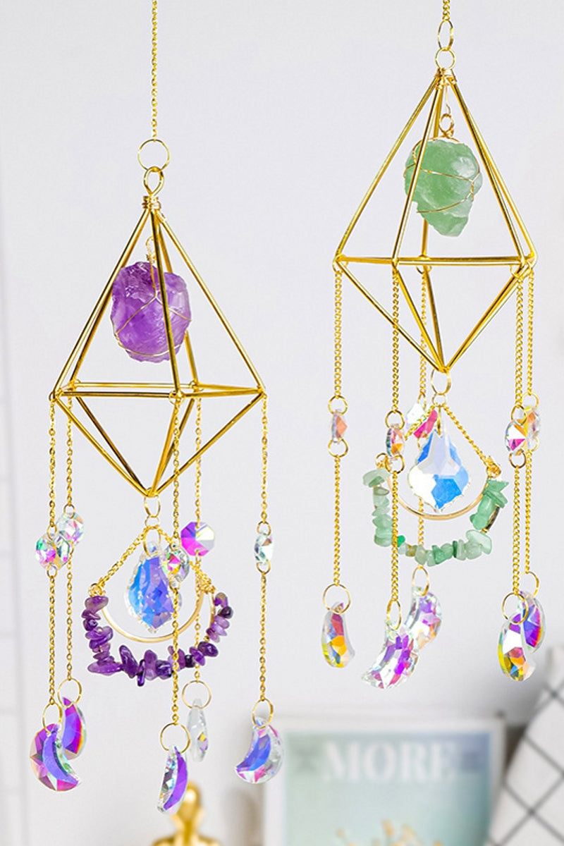 Handcrafted Natural Raw Crystal Sun Catchers with Moons in Diamond Shapes 18"