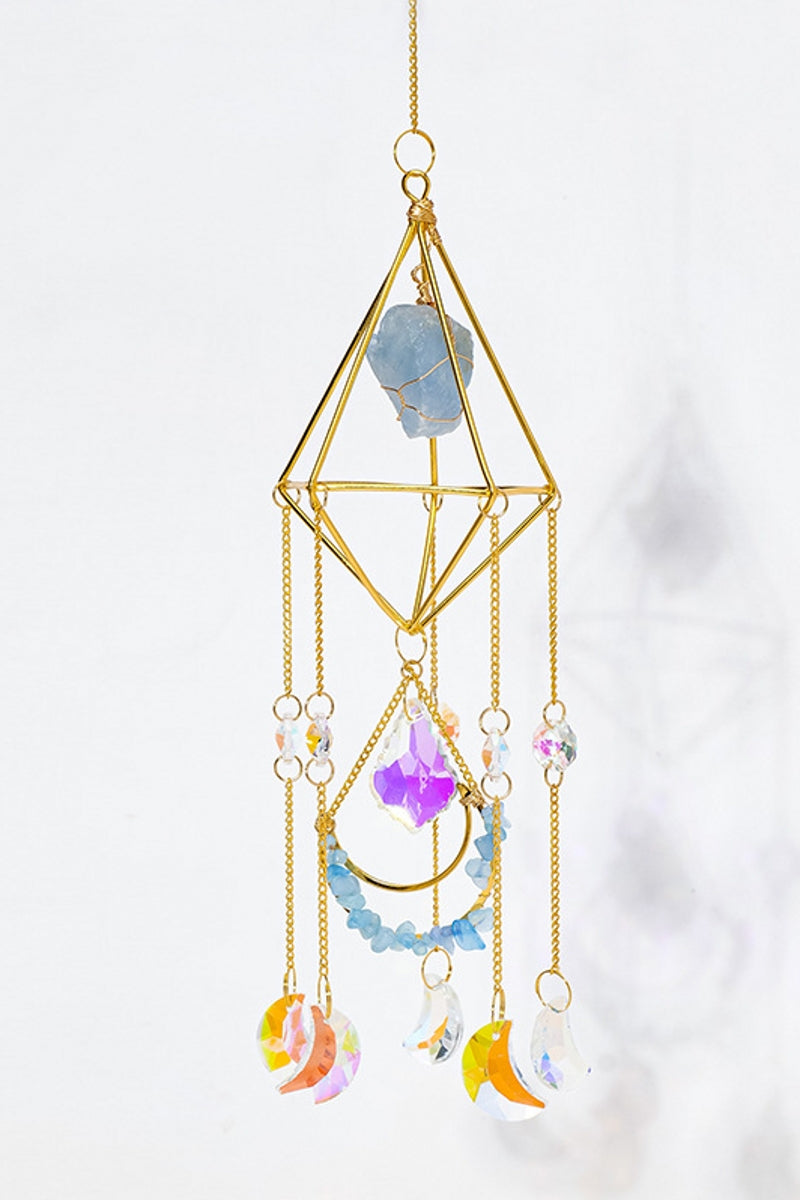 Handcrafted Natural Raw Crystal Sun Catchers with Moons in Diamond Shapes 18"