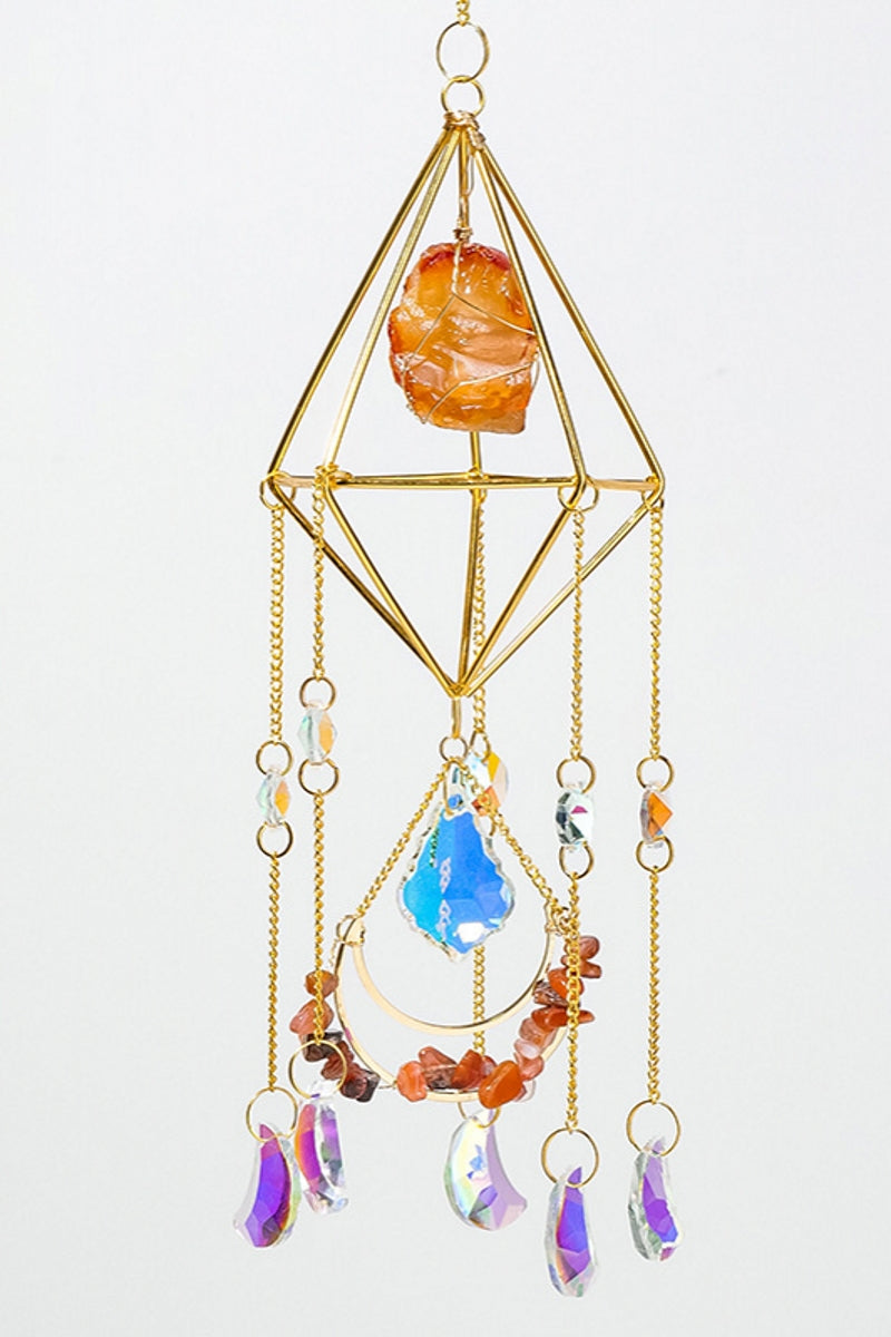 Handcrafted Natural Raw Crystal Sun Catchers with Moons in Diamond Shapes 18"