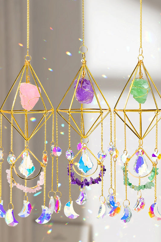 Handcrafted Natural Raw Crystal Sun Catchers with Moons in Diamond Shapes 18"