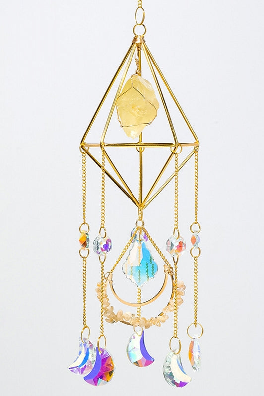 Handcrafted Natural Raw Crystal Sun Catchers with Moons in Diamond Shapes 18"