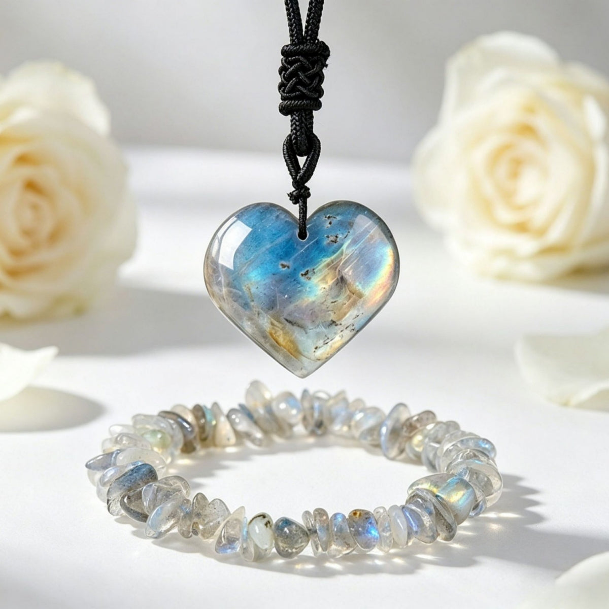 Labradorite Heart Pendant Necklace and Crushed Stone Bracelet Set