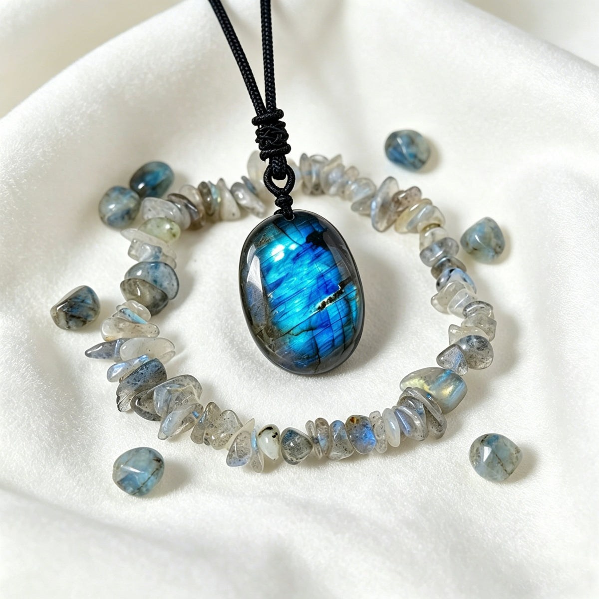 Labradorite Irregular Pendant Necklace and Pebble Bracelet Set